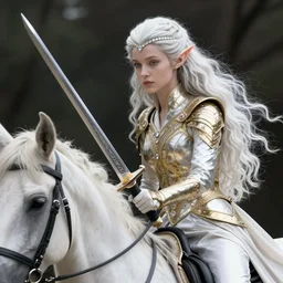a fantast beauty detailed elf candice swanepoel riding a white horse, with a curved sword, platinum white wavy long hair, white headband in the front with diamonds, jewelry body armor in golden and silver colors, pointy ears, detailed face, epic masterpiece of cinematographic hyperrealism, realistic shaded lighting poster by craig mallismo, artgerm, jeremy lipkin and michael gar