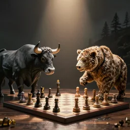 a bull and a bear playing chess