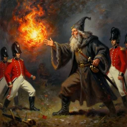 an old wizard casts a fireball at a British redcoat soldier, fantasy, concept art, oil on canvas,