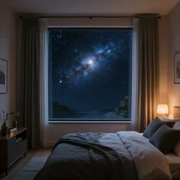 cozy bedroom with giant window with view to the universe cgsociety soft illumination mood lighting