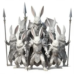 dungeons and dragons illustration of a squad of very aggressive looking bunnybat warriors, long spears with divine glyphs and ornaments, concept art, character study, expressive emotion and sketch, in the style of bernie wrightson art