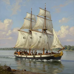 a matte painting of american legent mike fink sailing a keelboat along the shoreline of the mississippi river, in the style of greg rutkowski and george philip reinagle, digital painting, photorealistic, ornately detailed, unreal engine, extremely detailed masterpiece, illustration, trending on artstation