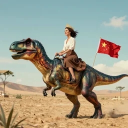 The queen riding a velociraptor