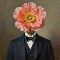 hyperrealism oil painting of a man in old fashioned suit with big flower head