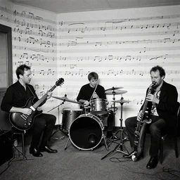 a band rehearsing in a room wallpapered with musical notation by mort drucker