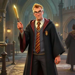 Duke Nukem attending Hogwarts school of witchcraft and wizardry, digital art highly-detailed