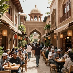 A busy and crowded Persian and Japanese style Middle Eastern street .Realistic concept art, 4k, full of details. Digital art. Greg Rutkowski