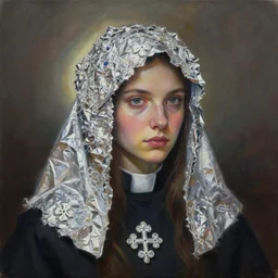 priestess of tinfoil and trefoils. photorealistic gouache painting by award - winning concept artist. backlighting, chiaroscuro, depth of field.