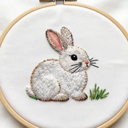 a tiny beautiful handmade embroidery of a rabbit. hand embroidery.