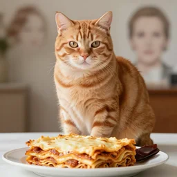 fat orange tabby cat sitting on lasagna, roger deakins, annie liebovitz