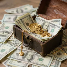 relaxing in a comfortable pile of cash money gold jewelry treasure