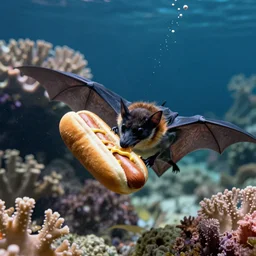 a bat eating a hotdog under water in a coral reef