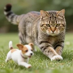 a giant cat chasing after a little dog, little dog running away fast from the scary cat