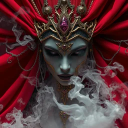 necromancer empress, by tom bagshaw and greg rutkowski, red fabric, fiber amethyst weaving into strands of smoke and brass and iron metal filigree joining into carbon fiber strands, fractal shapes, white explosions, dramatic lighting, ultra detail, close up, dof, smooth render, cinematic, octane render, art nouveau