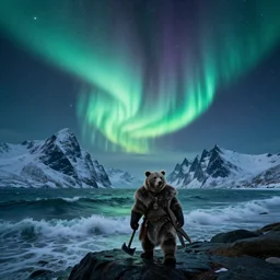 dim northern lights under a dark but star-spangled sky, galaxy center remotely visible, roaring ocean in front, towering snowcovered mountains in background, with a bearskin clad viking with an axe, coming ashore, vibrant colors, trending on artstation, smooth, detailed, sharp focus, realistic, masterpiece, epic, realistic,volumetric lighting, Viking, medieval, great, uhd, 4k, by artstation
