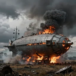 an immense steampunk airship crashed and burning in a field, thick black smoke billowing, turbulent storm clouds, dystopian, sharp focus, octane render, imax