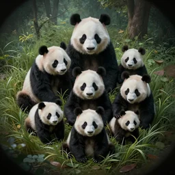 family of pandas in the tall grass panoramic, mural, fisheye perspectiveultra realistic, concept art, intricate details, eerie, highly detailed, photorealistic, octane render, 8 k, unreal engine. art by artgerm and greg rutkowski,
