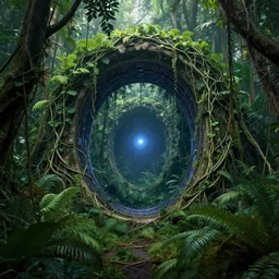 intergalactic stargate portal in the middle of a jungle, with vines and leaves entwining it by farel dalrymple