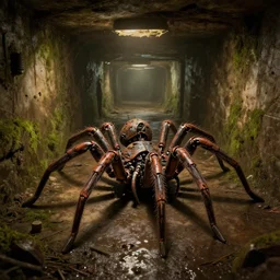 destroyed mechanical robot spider in a large dimly lit wet sewer dungeon, mossy walls, long corridor, wide angle shot, ultra detailed, fine drawing, grunge, eldritch horror, hyper real, 4 k, moody lighting, warm colors, shaded, by wlop