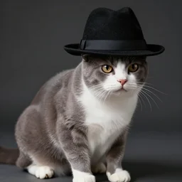 photography of a cat with gray back and legs, white muzzle and underside, clothed with a black fedora!!! on its head, photorealistic, ultra detailed, hd, cinematic composition