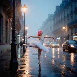 street of paris photography, night, rain, mist, a prima ballerina with pink hair, cinestill 8 0 0 t, in the style of william eggleston