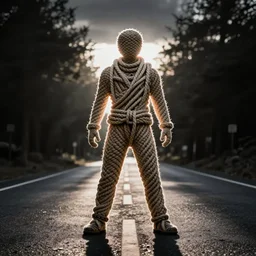 full length photograph ropes in the shape of a man, backlit, high contrast, centered, roadway