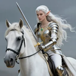 a fantast beauty detailed elf candice swanepoel riding a white horse, with a curved sword, platinum white wavy long hair, white headband in the front with diamonds, jewelry body armor in golden and silver colors, pointy ears, detailed, epic masterpiece of cinematographic hyperrealism, realistic shaded lighting poster by craig mallismo, artgerm, jeremy lipkin and michael garmash