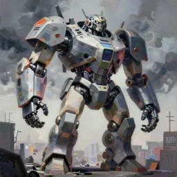 Greg Manchess painting of a giant humanoid armour warhead juggernaut cyborg, medium shot, low angle, full body, asymmetrical, cyberpunk art, Organic Painting, storm day, Matte Painting, bold shapes, hard edges, street art, trending on artstation, by Anato Finnstark