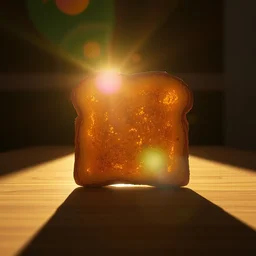 octane render of a piece of toast lit by bright sunlight from behind, volumetric lighting, warm colours, cinematic, weta workshop, lens flare
