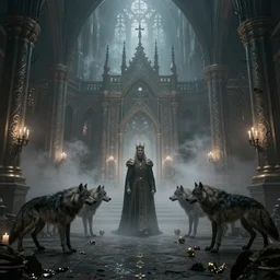 fantasy, inside the king's hall wolves and their treasures, ethereal, ominous, misty, 8 k, by h. r. giger greg rutkowski