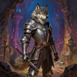 a wolf fursona anthro thief with medieval guard armor is exploring the grimdark dungeon depths. trending on artstation and pixiv. a vibrant digital oil painting. a highly detailed fantasy character illustration by wayne reynolds and charles monet and gustave dore and carl critchlow and bram sels vibrant dungeon in background