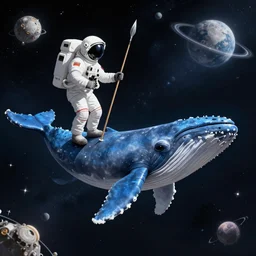an astronaut hunting a blue whale in space using a spear, digital art, trending on artstation, unreal engine