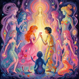 a psychedelic realm where astral beings share love. greg rutkowski. wlop. lisa frank. bob ross. ruan jia. illustration