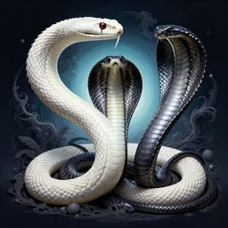 portrait white rattlesnake entangled with a black king cobra creating a ring around a portal to the micro - cosm, intricate artwork by artgerm, greg rutkowski, and kilian eng, symmetrical!!! digital illustration, hyper detailed!!!, super sharp, crisp, smooth, vibrant colors!!! smooth gradients!!!! depth of field, aperture f 1. 2