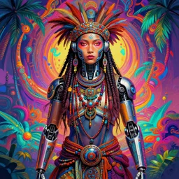 colorful portrait of a futuristic pacific islander hippie with cybernetics | highly detailed | very intricate | symmetrical | professional model | cinematic lighting | award - winning | painted by rossdraws and wlop and artgerm | pan futurism, dystopian, bold psychedelic colors, cyberpunk, anime aesthestic | featured on artstation