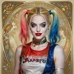 Margot Robbie as Harley Quinn, cute, fantasy, intricate, elegant, highly detailed, digital painting, 4k, HDR, concept art, smooth, sharp focus, illustration, art by artgerm and H R Giger and alphonse mucha
