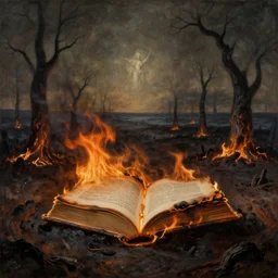 burning books, macabre scorched landscape, surreal mythological painting by malczewski