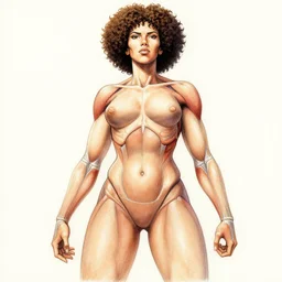 scarlett johansson as baki with perfect symmetrical anatomical proportions, afro samurai animes style, by greg rutkowski, pencil and ink, full dynamic colour, dramatic lighting, wide angle lens, full body within frame, wearing swim suite armour, beautiful beach in the background sharp, smooth, intricate detail, hyper detail, magazine cover, vogue