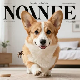 corgi jumping spider inu in the bedroom, magazine cover, face photo