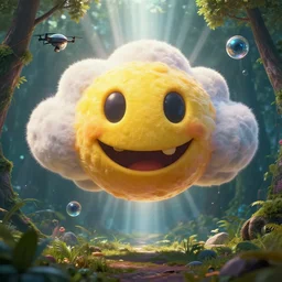 fantastical vibrant bulbous weird!!!!!!!!!!! smiley face emoji shaped cloud with holes for eyes and mouth, in a nature scene, cybernetic symbiosis, high definition, rays of light breaking behind the emoji, drone camera lens orbs, 3 point lighting, highly detailed larval stage, natural color scheme, photo still from movie by denis villeneuve
