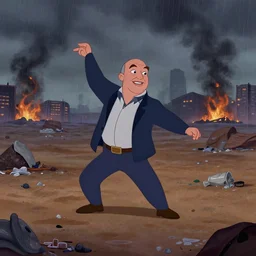 a still from a disney animated hand drawn film of jeff bezos dancing in a desolate wasteland, piles of trash dotting the terrain, toxic rain, city burning far in the background