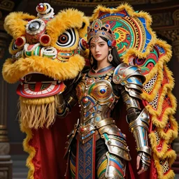 studio portrait of legitimate kind colorful female sacred mech paladin lion dance absurdly beautiful, elegant, young sexy elegant woman, super fine surreal detailed face illustration by kim jung gi, iraq nadar, intricate lines, clear focus, vivid colors, matte, octopath voyager, final fantasy, unreal engine highly rendered, global illumination, radiant light, intricate environment