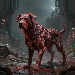 concept art by greg rutkowski, dog - shaped monster made of twisted meat and reddish ooze, roaming the colony, looking rabid, in a claustrophobic, futuristic and brutalist environment, frightening and creepy atmosphere, scifi, highly detailed portrait, digital painting, artstation, concept art, smooth, sharp foccus ilustration, artstation hq