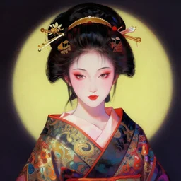 female geisha girl, beautiful face, rule of thirds, intricate outfit, spotlight, colourful, by leng jun, digital painting