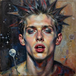 male ardent celestial orgasmic passion detailed analogue mixed media collage with canvas texture in style of contemporary art, punk art, hyperrealistic beautiful face, photorealism, expressionism, masterpiece, perfect composition, spectacular quality, intricate oil details