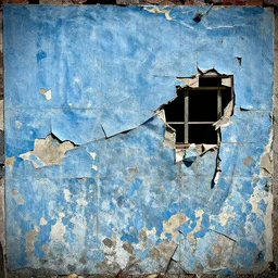 high contrast, messy gouache impasto collage, faded blue wrecked peeling wall, ruffled mess torn-down construction panels, dark creases, cubby, HDR gritty by Norman Rockwell