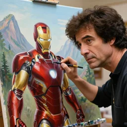 a closeup photorealistic photograph of bob ross diligently working on a canvas painting of iron man on the canvas. mountains and trees. film still. brightly lit scene. this 4 k hd image is trending on artstation, featured on behance, well - rendered, extra crisp, features intricate detail, epic composition and the style of unreal engine.
