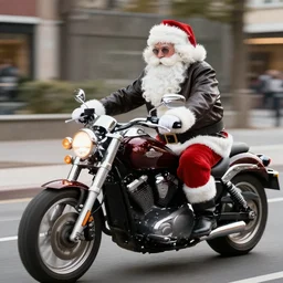 santa in a leather jacket riding a motorcycle