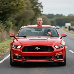 coloured photograph of a muscled young white bald guy with broad shoulders, black shirt and a large chest driving a racing red mustang down a british road, high detail