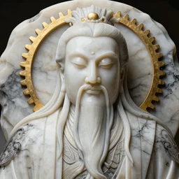confucius, highly detailed, symmetrical long head, smooth marble surfaces, detailed ink illustration, gold gear, cinematic smooth stone, deep aesthetic, concept art, post process, 4 k, carved marble texture and silk cloth, latex skin, highly ornate intricate details, in the style of 8 8 grzes